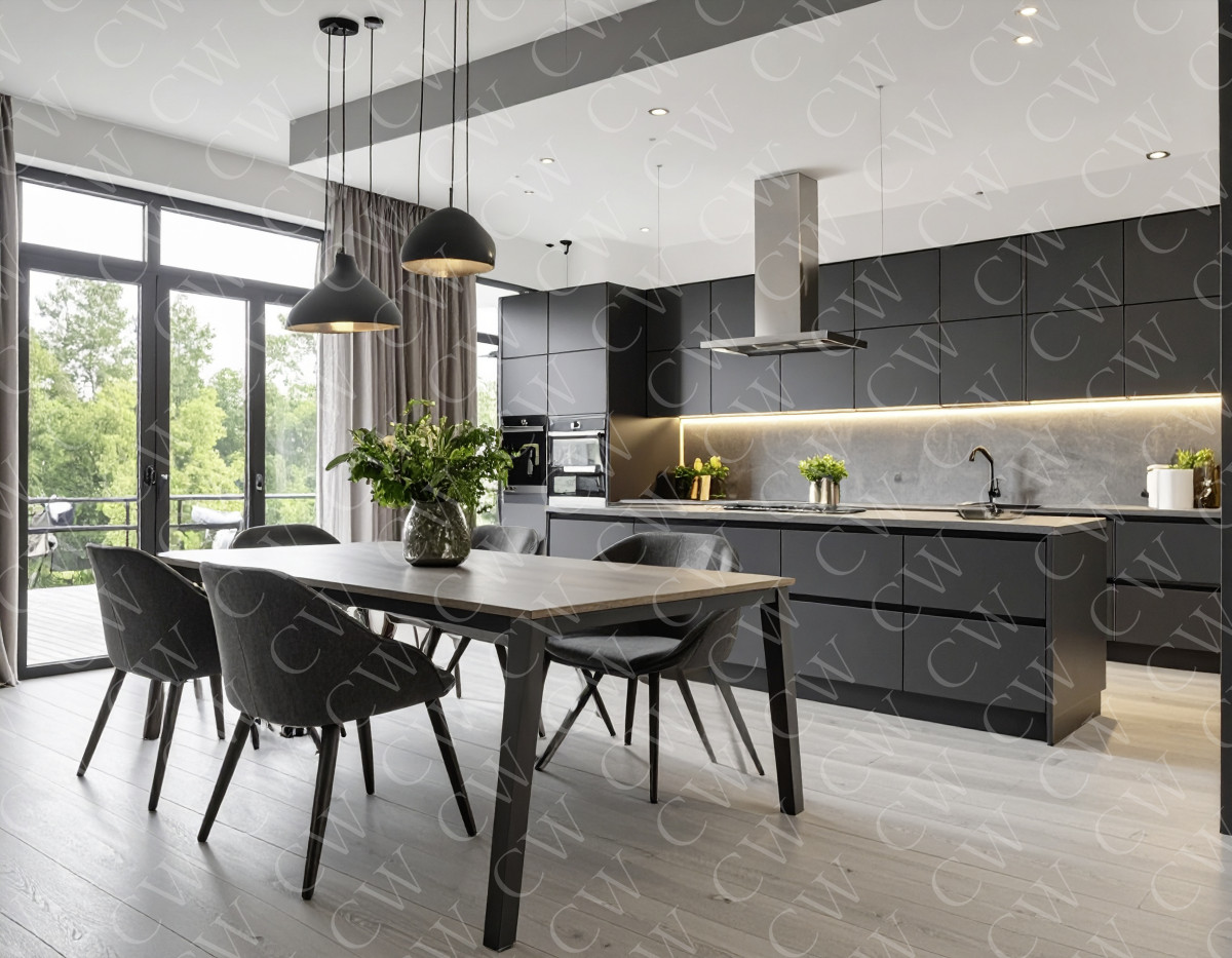 Helle, moderne Küche mit dunklen Möbeln, Esstisch und großen Fenstern.