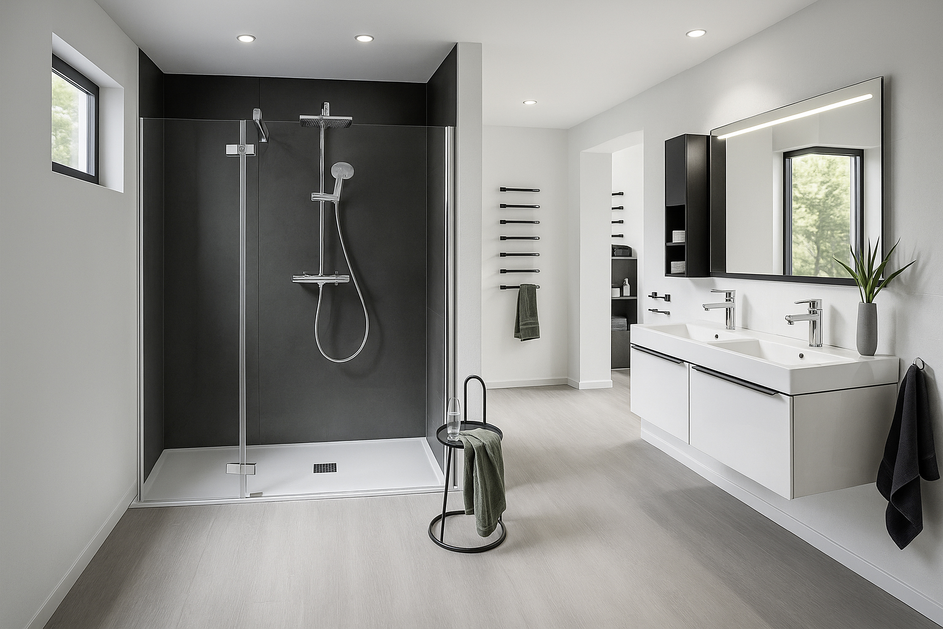 Helles, modernes Badezimmer mit großer, begehbarer Dusche und Doppelwaschtisch.