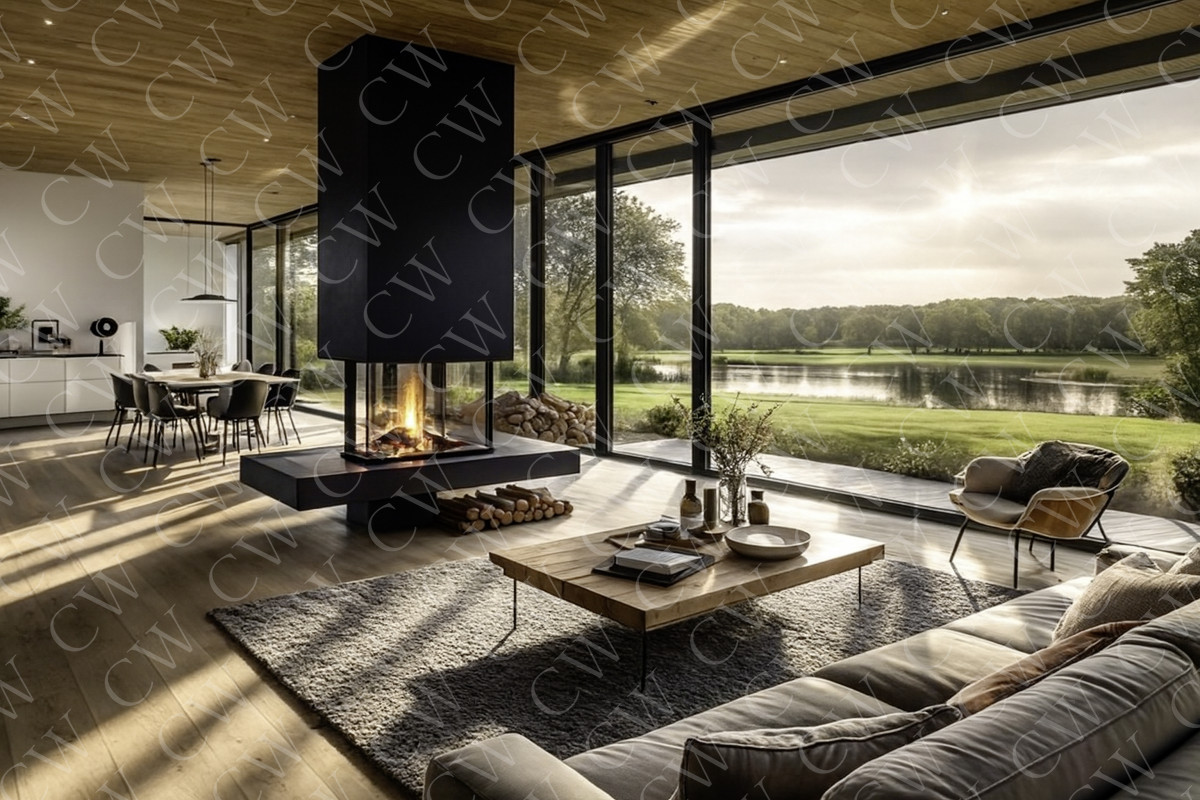 Wohnzimmer mit Kamin, großen Fenstern und Blick auf einen See bei Sonnenuntergang.