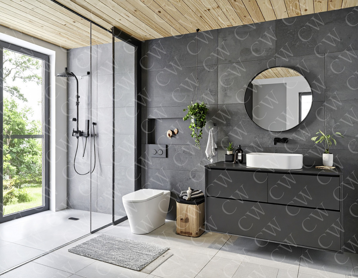 Modernes Badezimmer mit großer Dusche, dunklen Fliesen, Holzdecke, Spiegel und Waschtisch.