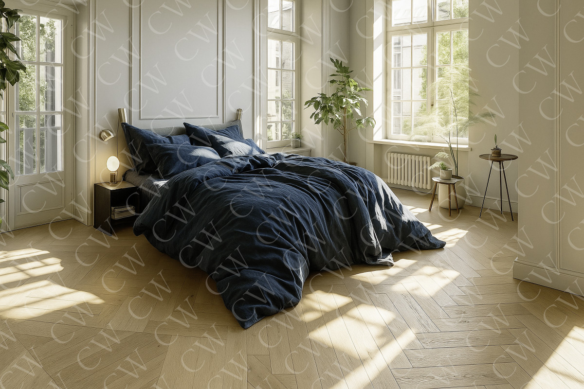 Helles, modern eingerichtetes Schlafzimmer mit großem Bett, Holzboden und Pflanzen vor bodentiefen Fenstern.