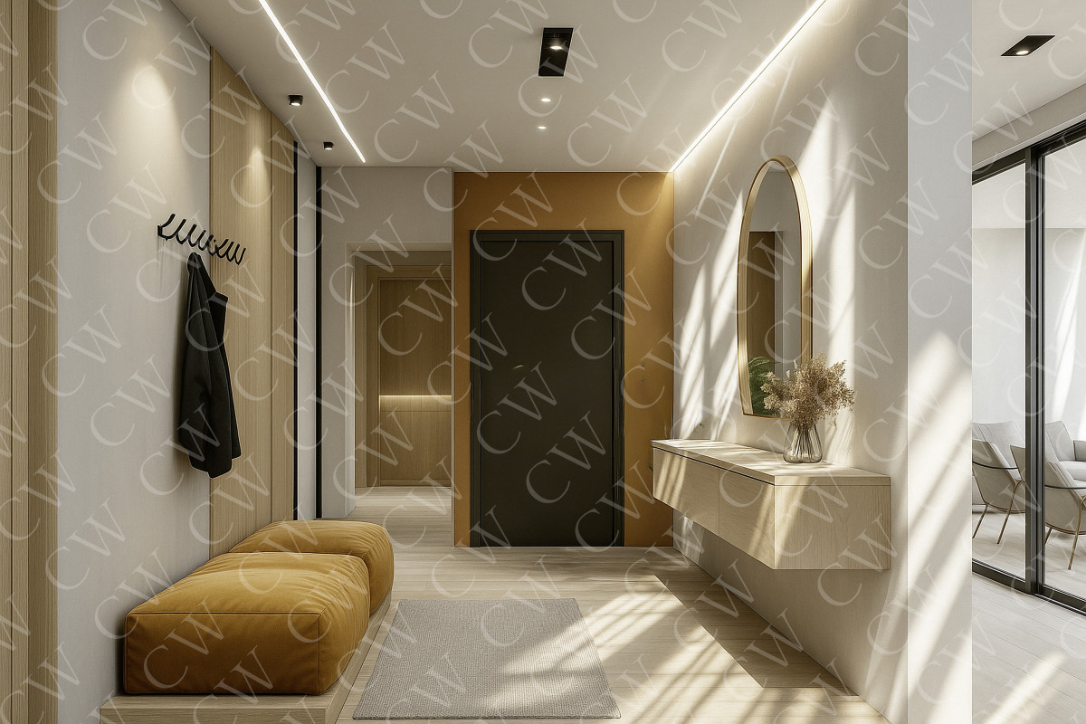 Heller Flur mit modernem Holzdesign, senffarbener Bank und rundem Spiegel.