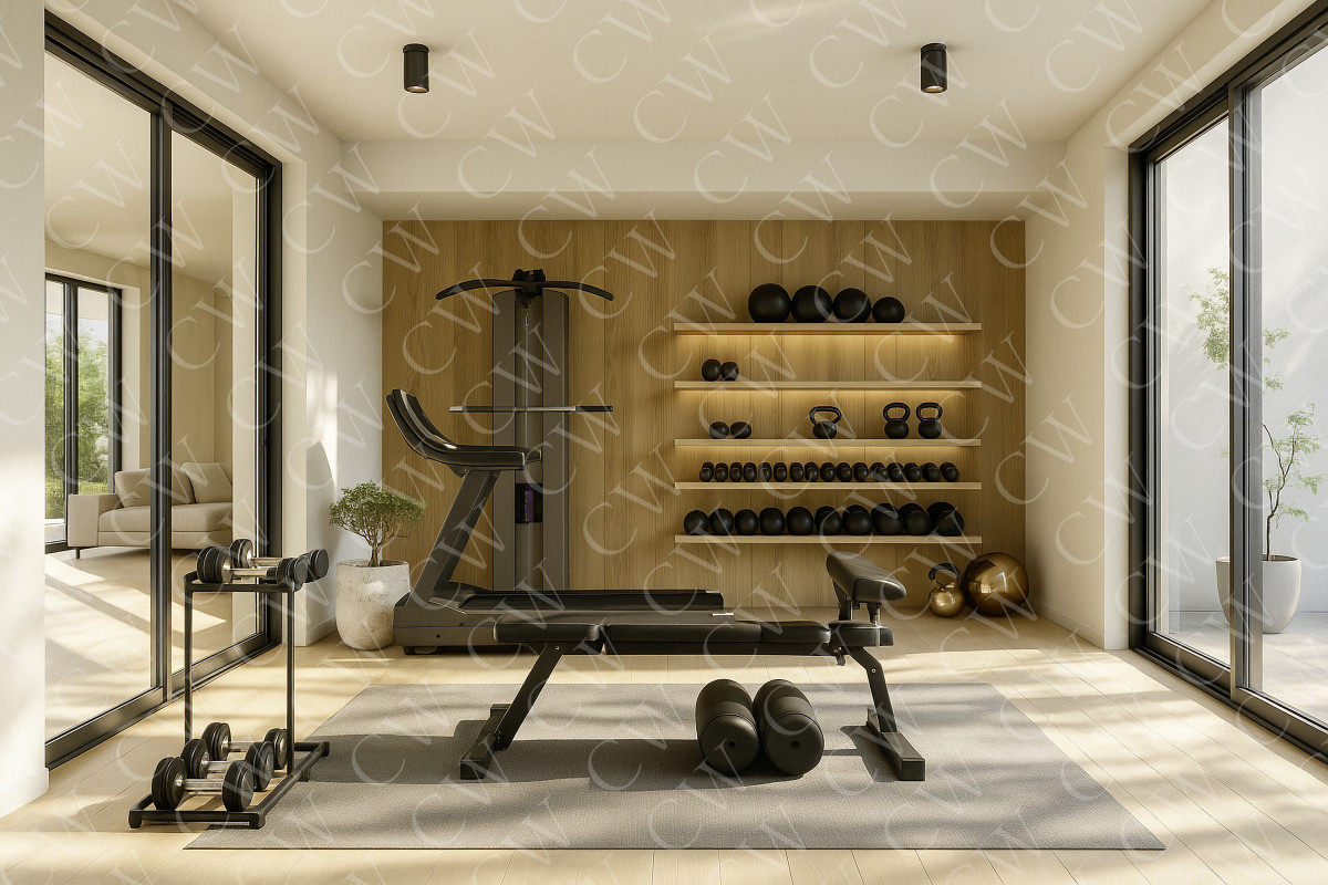 Helles Home Gym mit Hantelbank, Kurzhanteln und Fitnessgeräten vor Holzregal