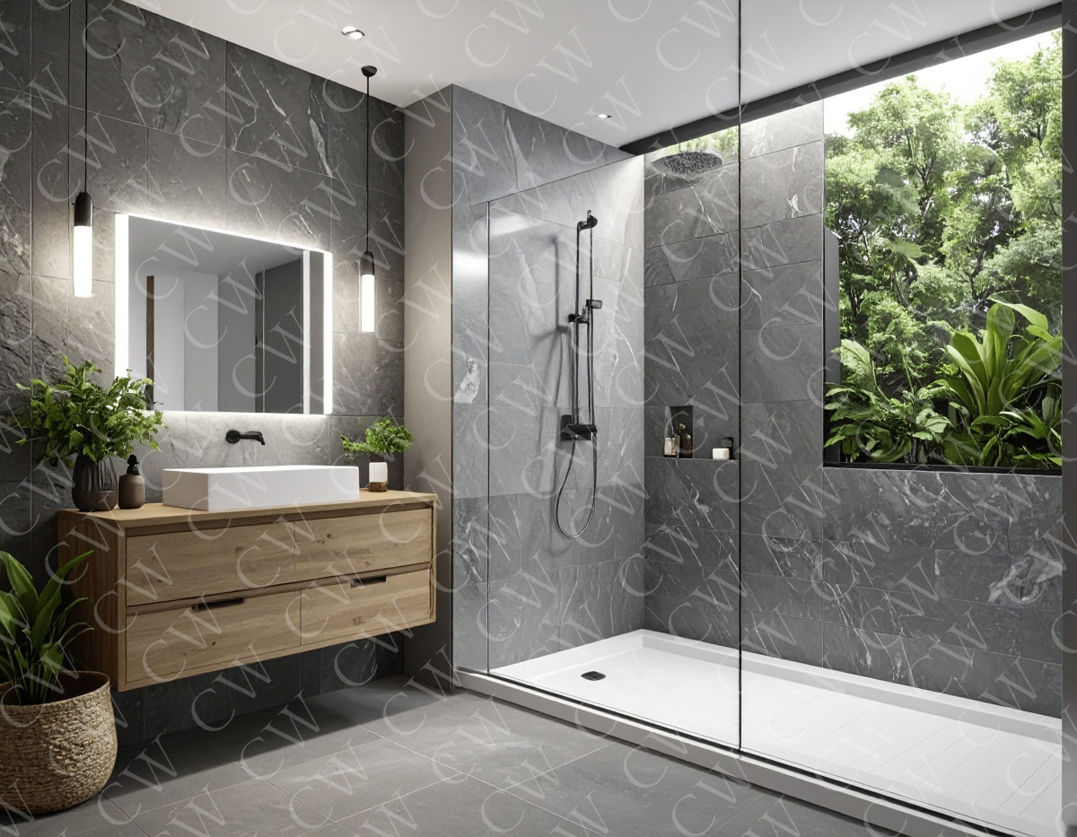 Modernes Badezimmer mit grauen Marmorfliesen, Glasdusche und großem Fenster mit Blick ins Grüne.