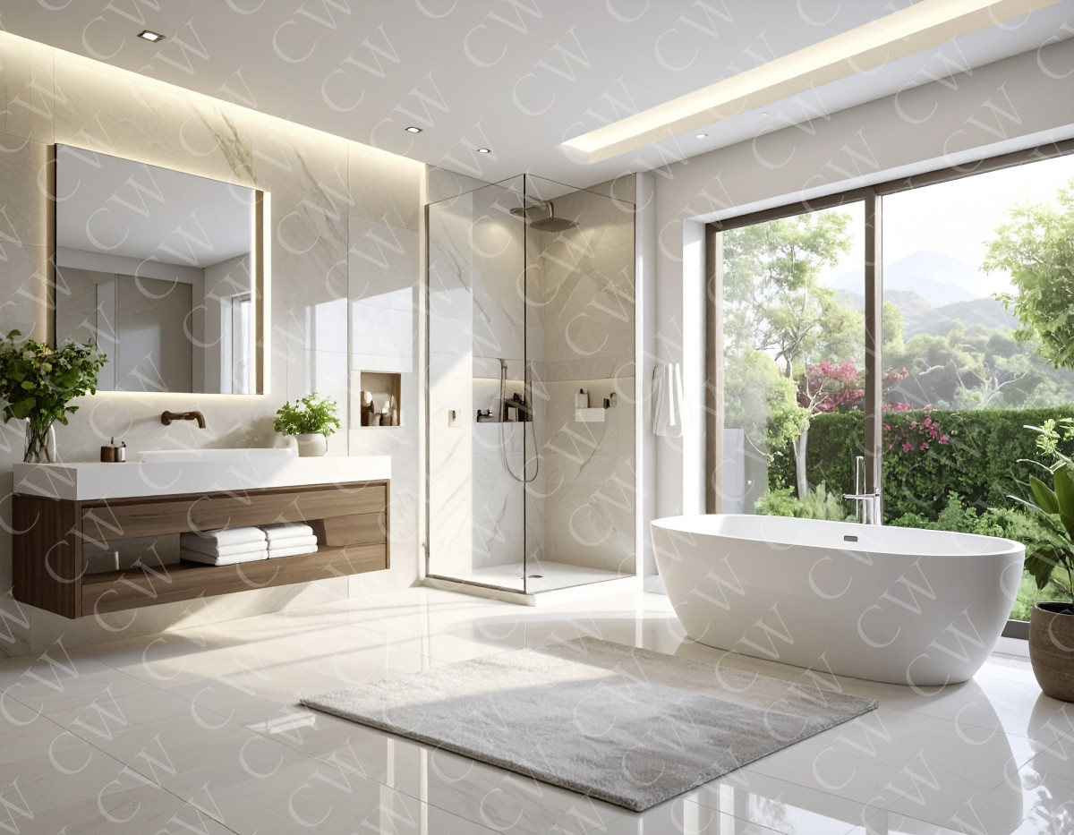 Helles, modernes Badezimmer mit freistehender Badewanne, großer Dusche und Blick ins Grüne.