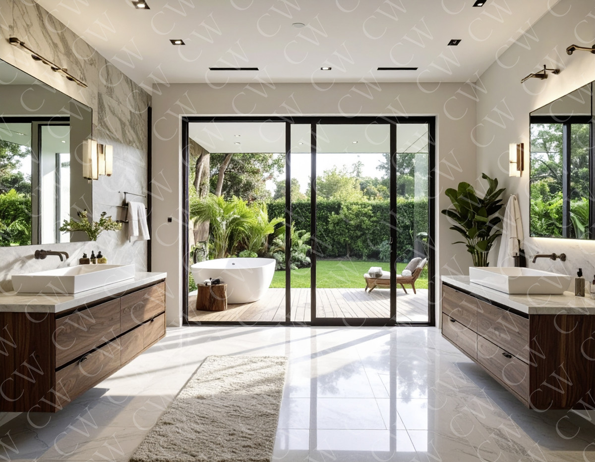 Luxuriöses Badezimmer mit Marmor, Holzmöbeln, großer Glasfront und Blick auf Garten mit Badewanne.