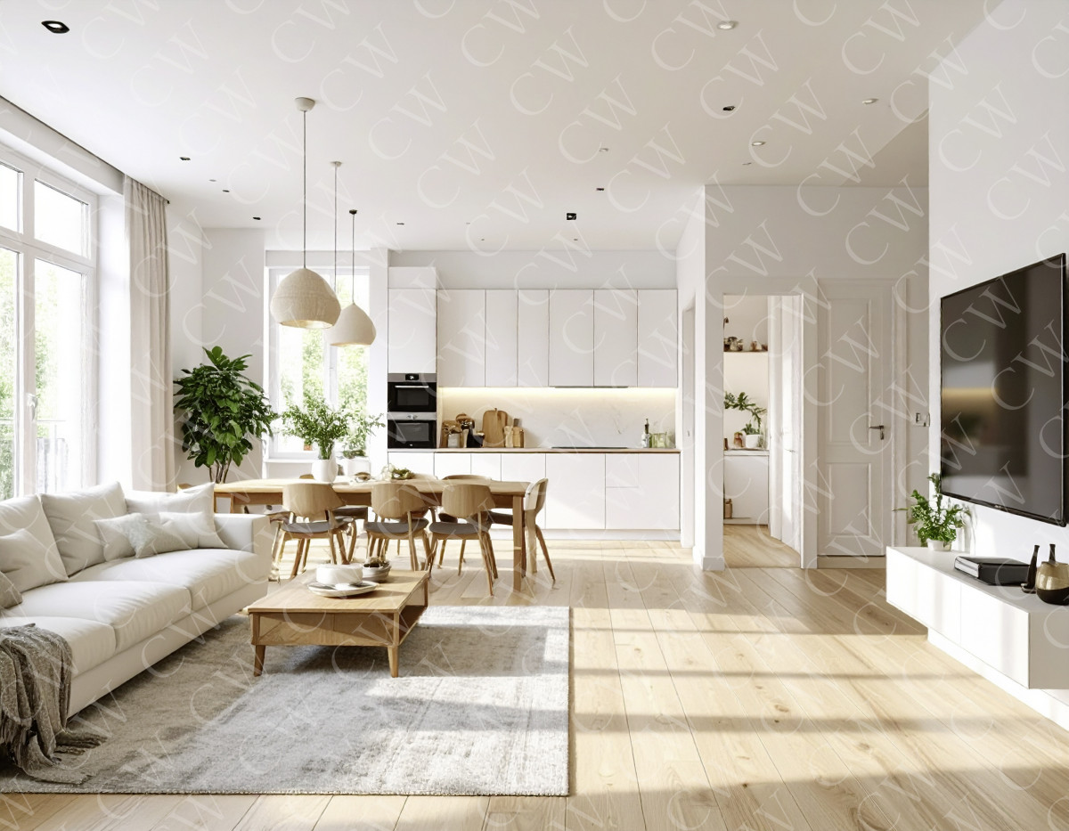 Modern eingerichtetes Wohnzimmer mit offener Küche, Holzfußboden und großen Fenstern.