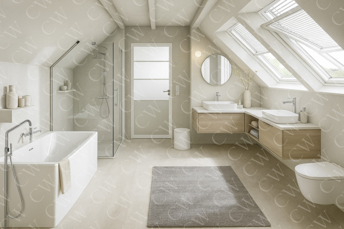 Helles, modernes Badezimmer mit Badewanne, Dusche, Doppelwaschbecken und Dachfenstern.