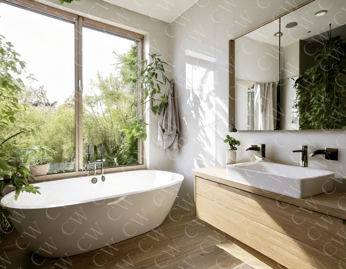 Helles, modernes Badezimmer mit freistehender Badewanne, Holzwaschtisch und großen Fenstern zum Garten.