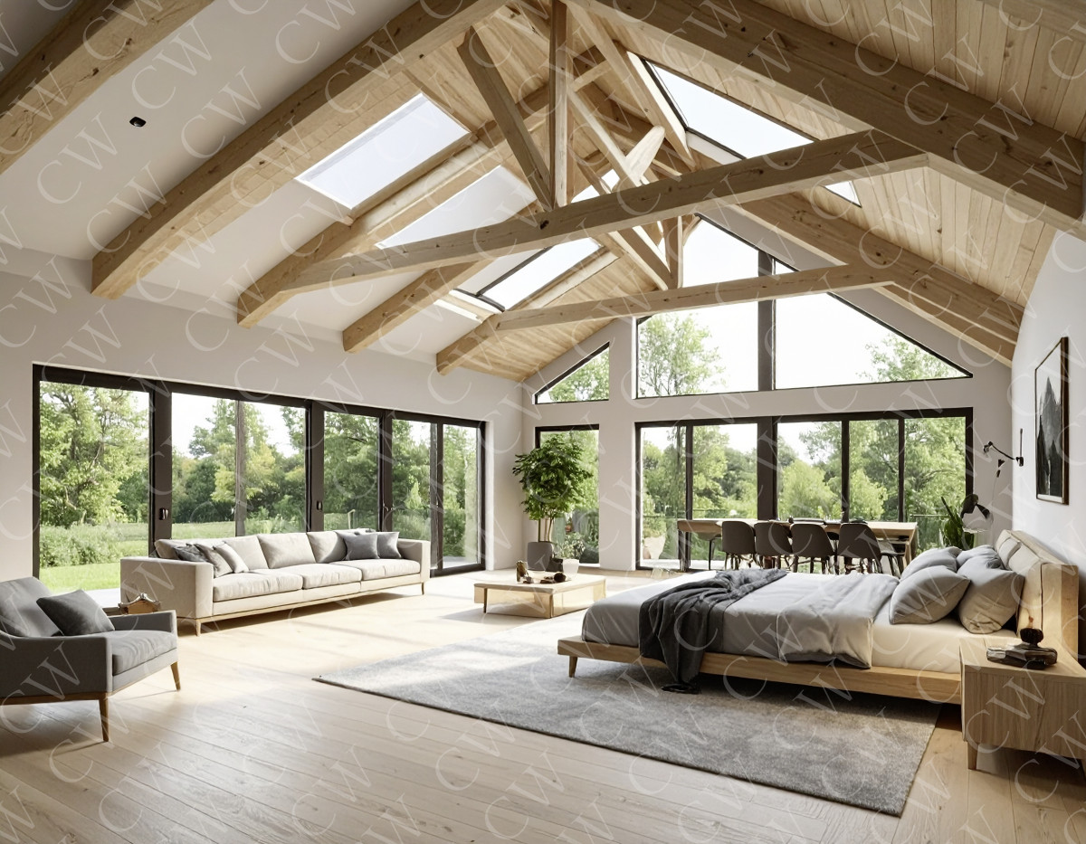 Modern eingerichtetes Schlafzimmer mit hohen Decken, sichtbaren Holzbalken und bodentiefen Fenstern im Grünen.