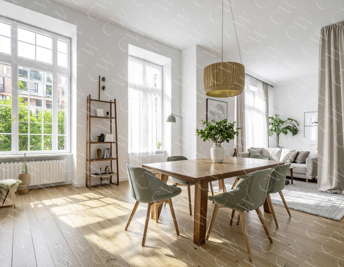 Modern eingerichtetes Esszimmer mit Holztisch, grauen Stühlen und großen Fenstern.