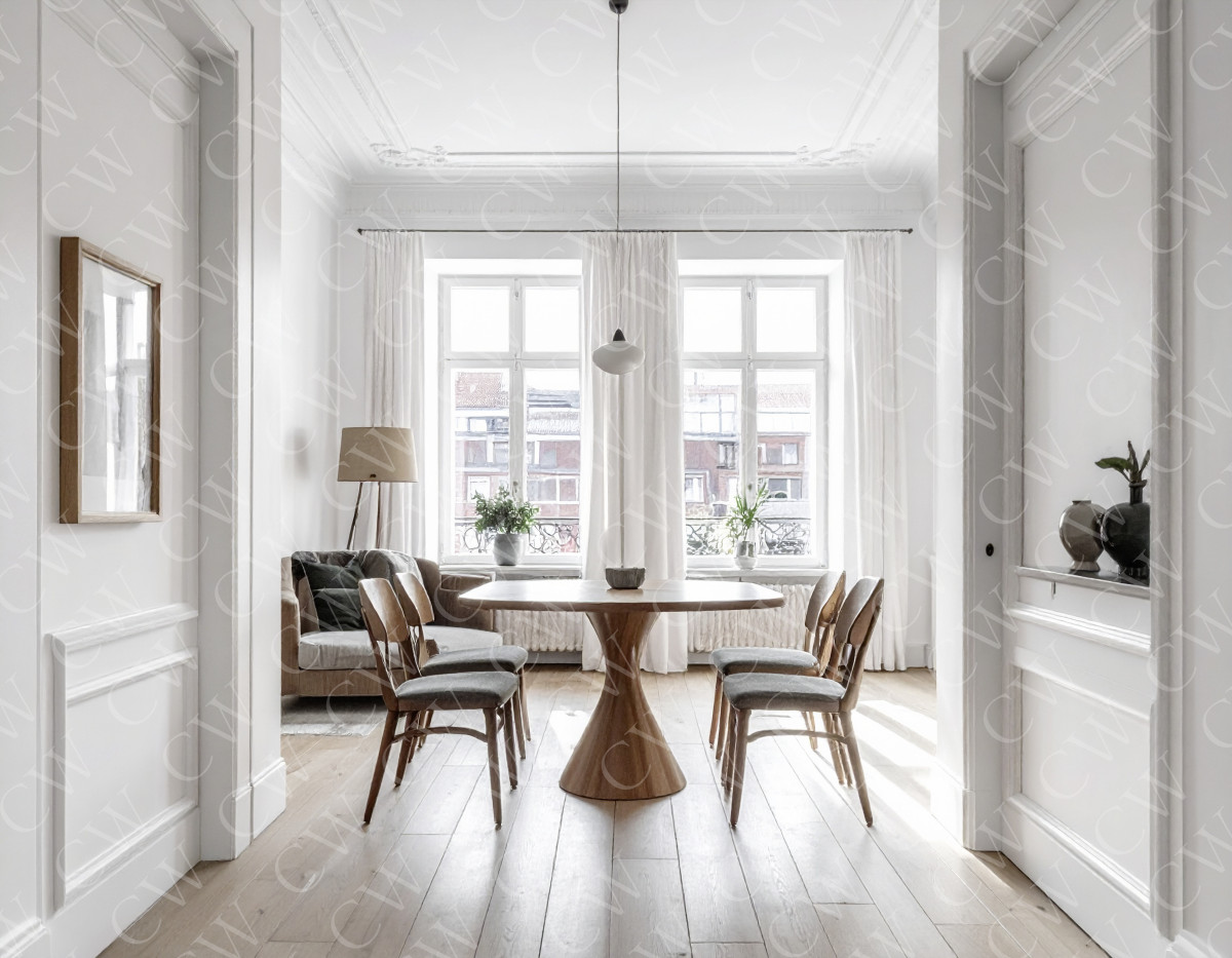 Modernes, lichtdurchflutetes Esszimmer mit rundem Holztisch, Stühlen und großen Fenstern