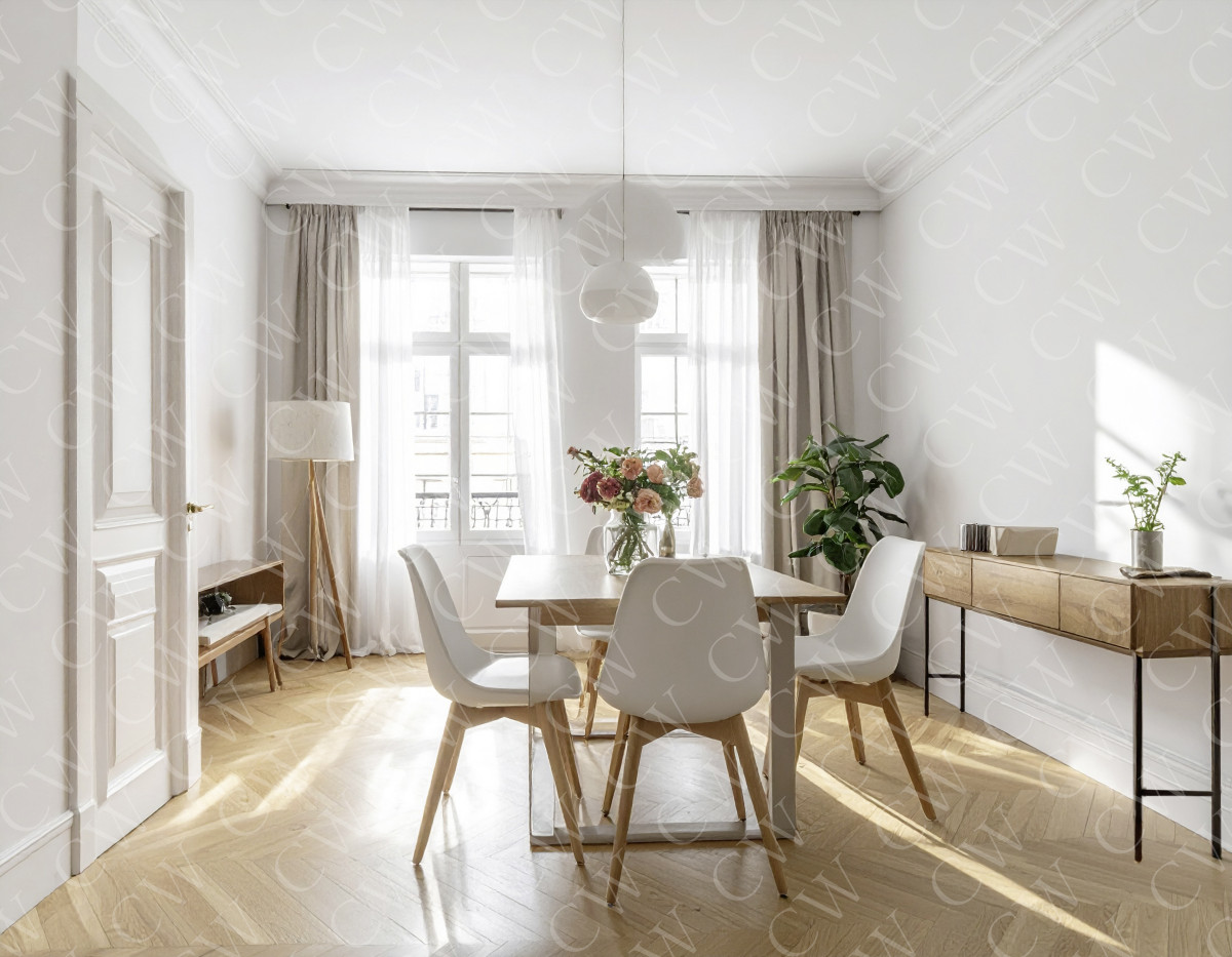 Lichtdurchflutetes Esszimmer mit Holztisch, weißen Stühlen und Blumen auf dem Tisch