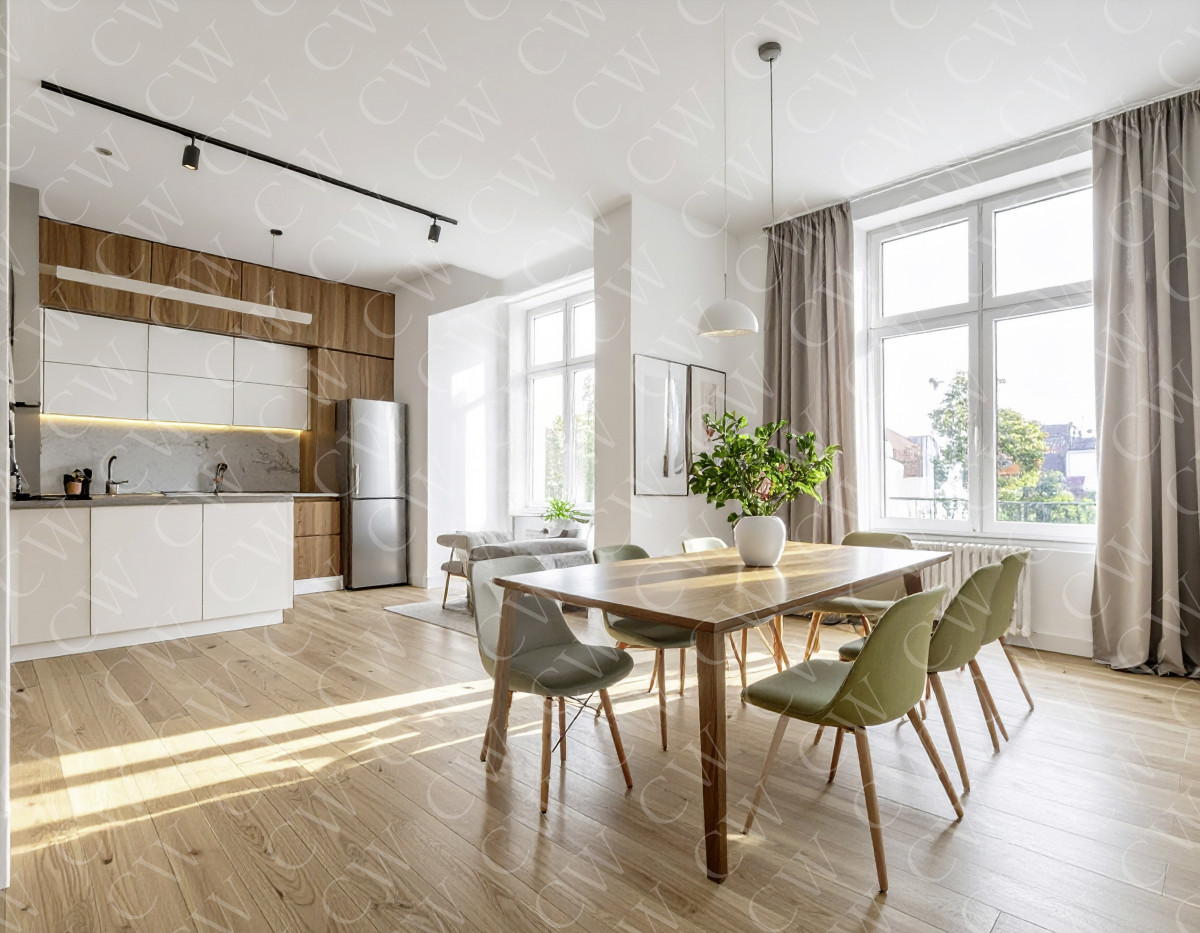 Helle, moderne Wohnküche mit Essbereich, Holzboden und großen Fenstern.